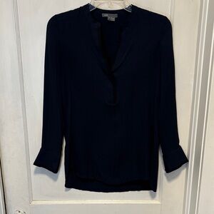 Vince 100% Silk Navy Blue and Black Trim Vneck Longsleeve Blouse 0
